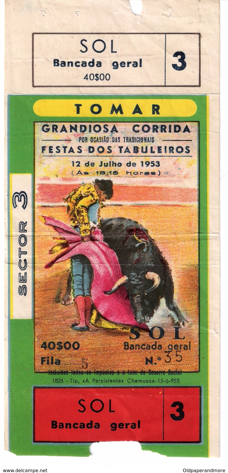 PORTUGAL TICKET BILLET CORRIDA TOMAR FESTA DOS TABULEIROS 1953 - TOROS BULL BULLFIGHT PLAZA DE TOROS - Tickets - Vouchers