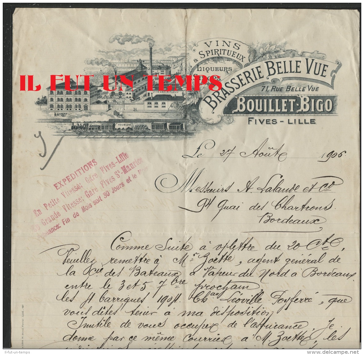 59 LILLE FIVES - BRASSERIE BELLE VUE - BOUILLET BIGO - Vins Et Spiritueux - 27 Aout 1906 + Autographe Propriétaire - 1900 – 1949