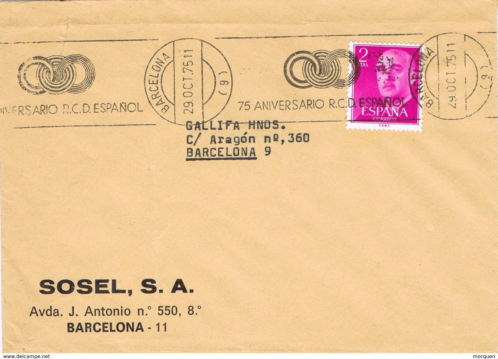 23482. Carta BARCELONA 1975. Rodillo Especial Futbol, Club Deportivo ESPAÑOL 75 Aniversario - Cartas & Documentos