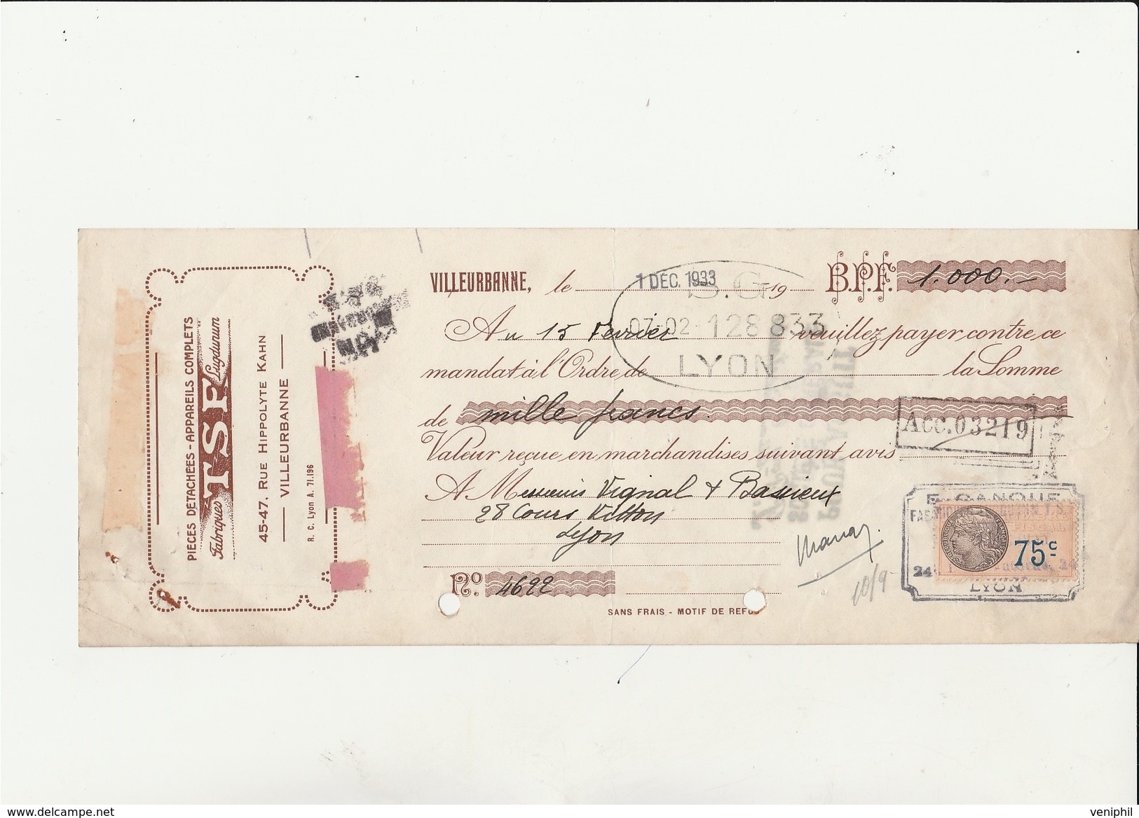 TRAITE  - FABRIQUE T.S.F. LUGDUNUM - VILLEURBANNE - ANNEE 1933 - Bills Of Exchange