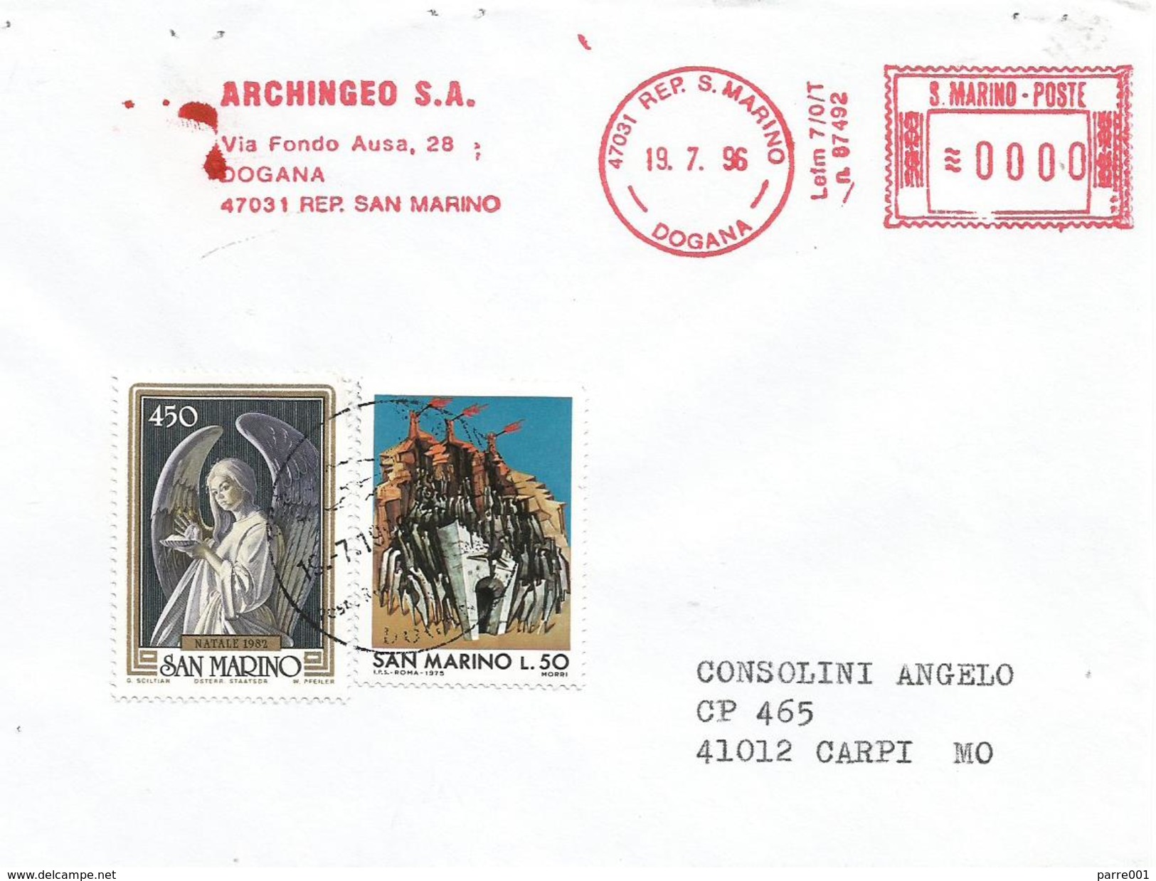 San Marino 1996 Dogona Meter Franking Unrecorded Angel Cover - Brieven En Documenten