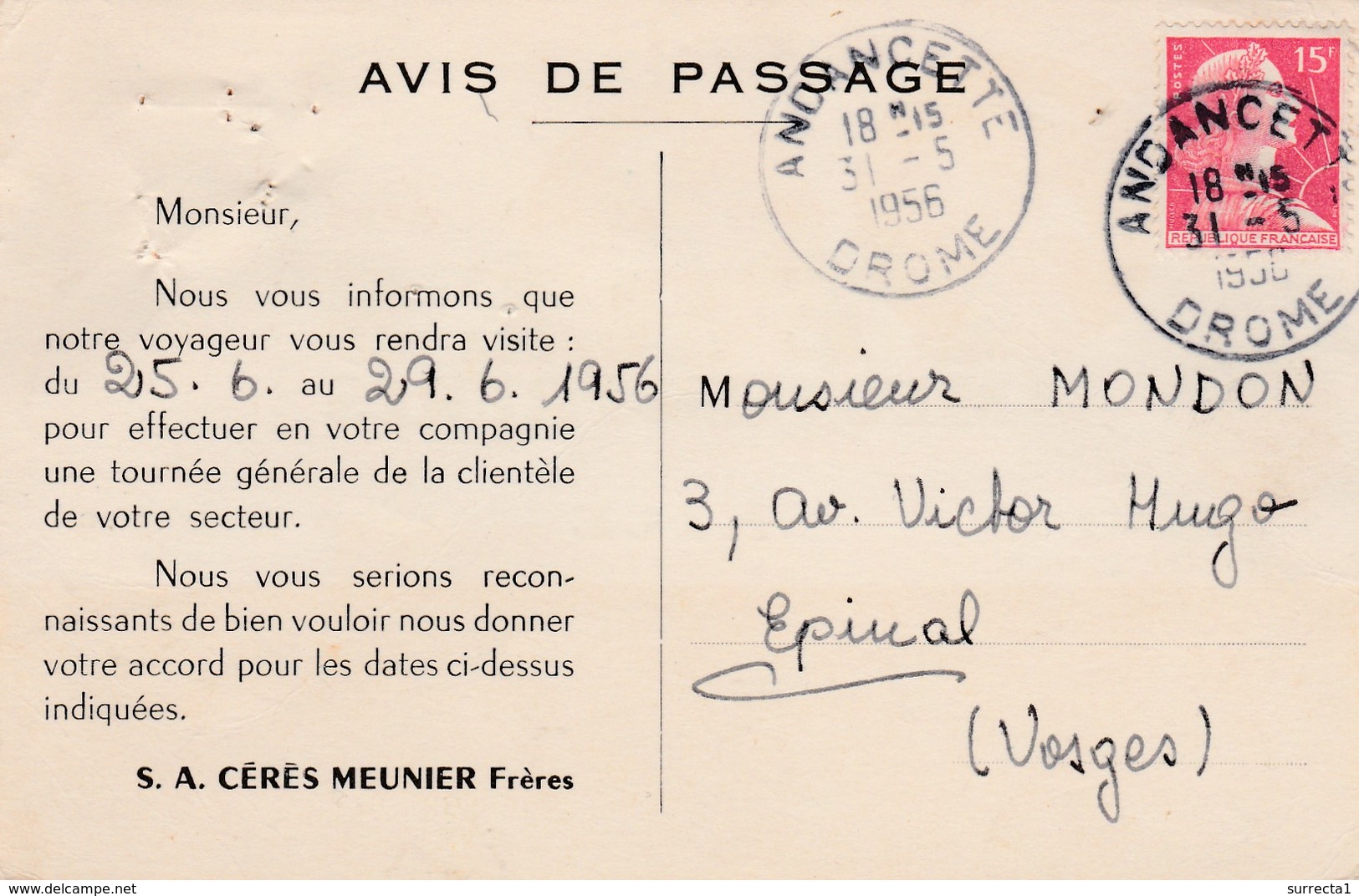 Carte Commerciale MEUNIER Frères / Pâtes / Cérès / 26 Andancette  Drôme ( Cachet ) / 06 Nice / Paris - Sonstige & Ohne Zuordnung