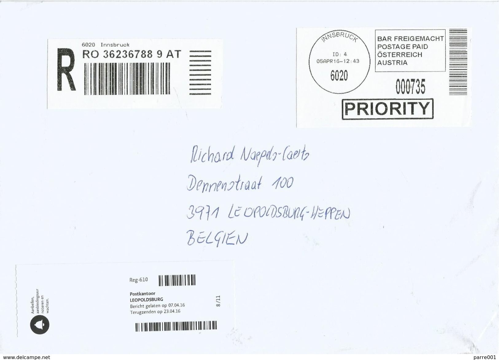 Austria Osterreich 2016 Innsbruck Postage Paid Barcoded Registered Cover - Frankeermachines (EMA)