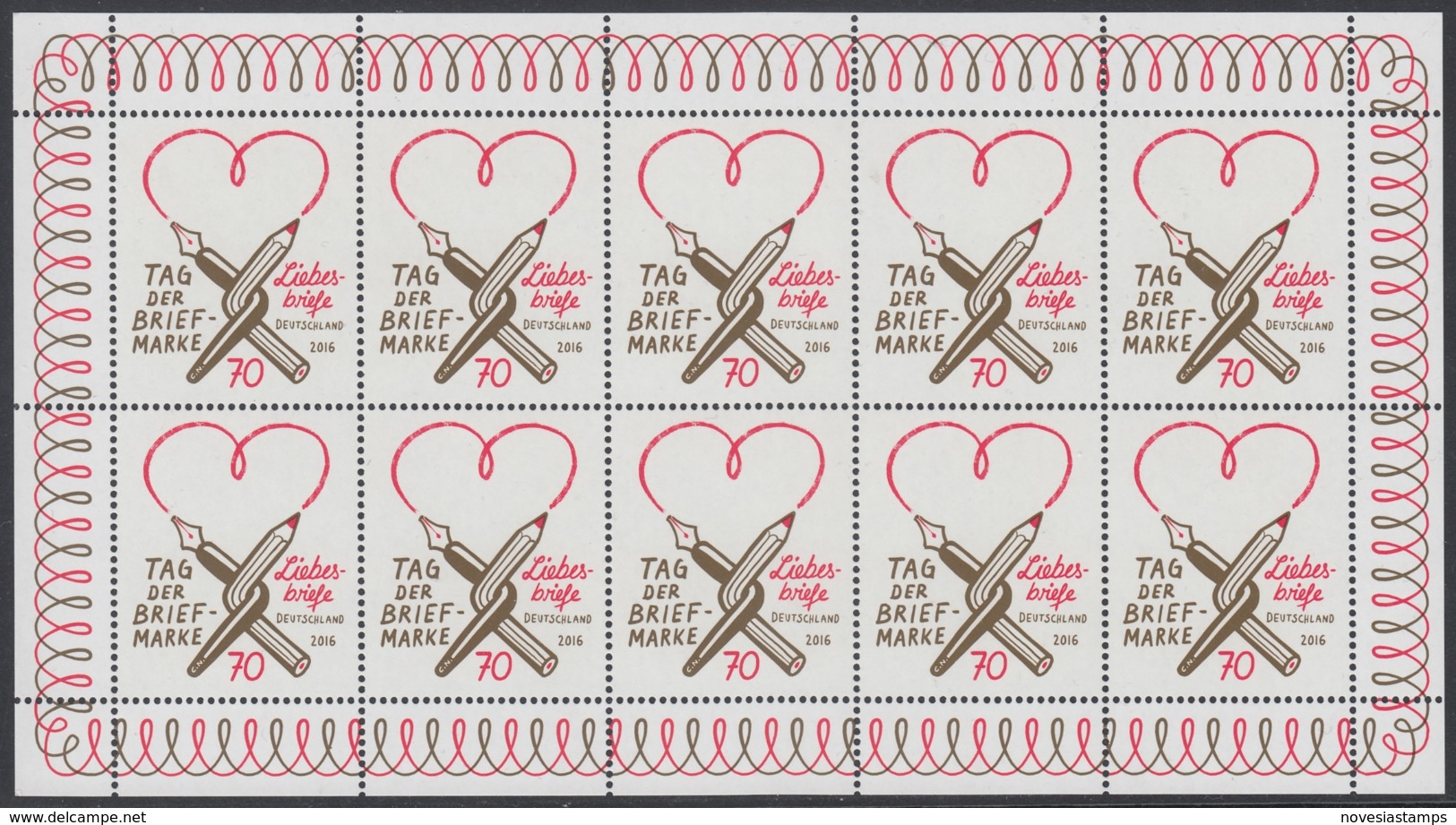 !a! GERMANY 2016 Mi. 3259 MNH SHEET(10) - Philatelic Day: Love Letters - 2011-2020