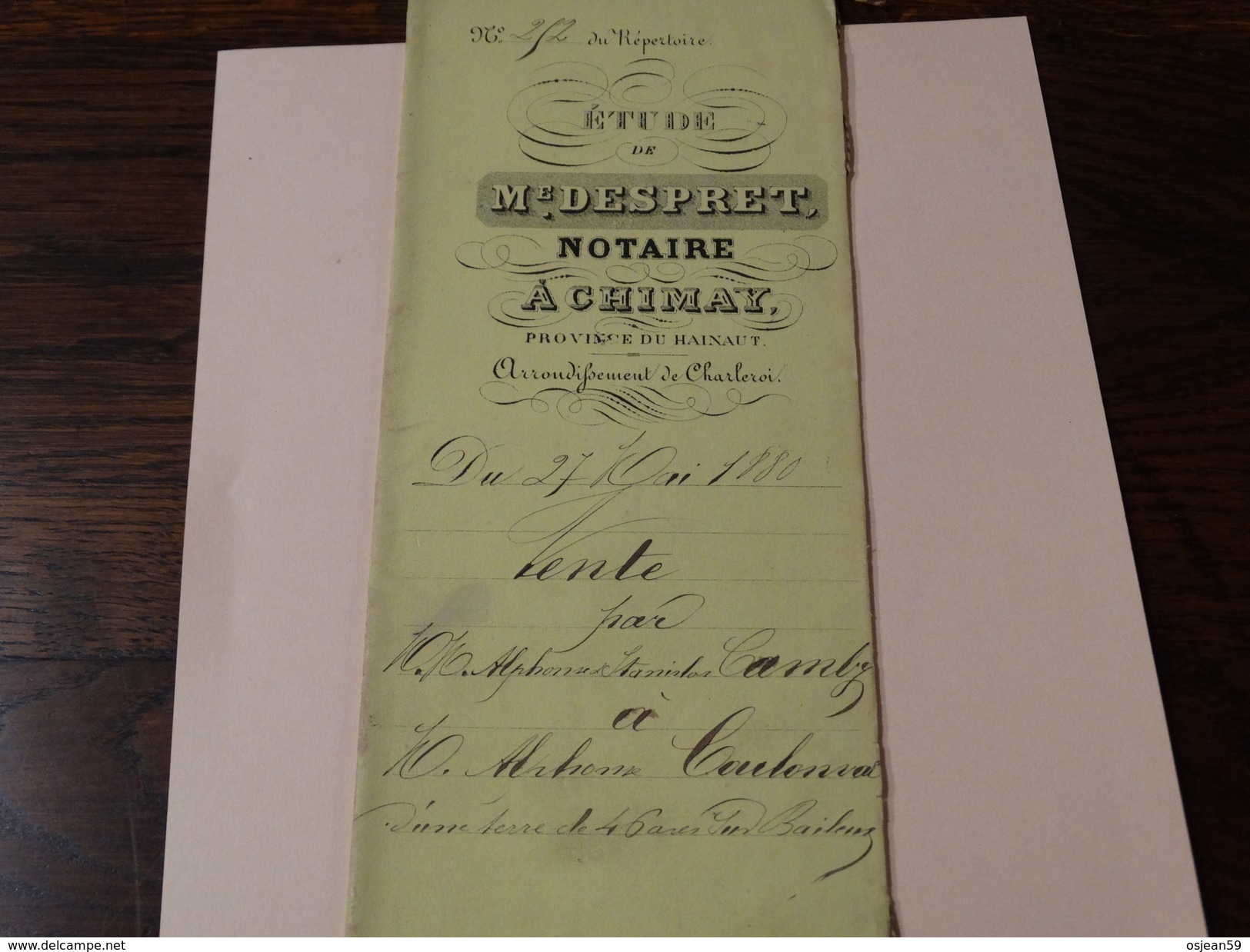 Acte Notarié 27 Mai 1880 ,Me Despret à Chimay Vente D'une Terre  Par Alphonse Camby à Alphonse Coulonval à Baileux - Manuscrits