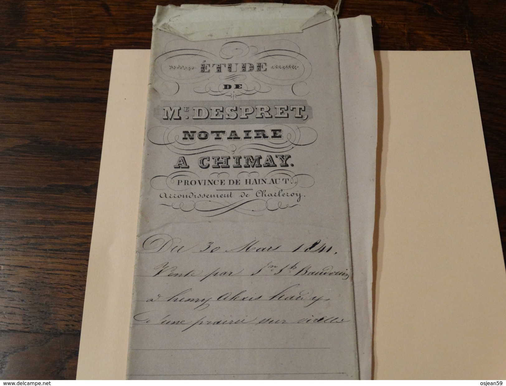 Acte Notarié 30 Mars 1841 ,Me Despret Notaire  à Chimay ,vente Par Baudouin à Hardy D'une Prairie Sur Virelles (Chimay) - Manuskripte