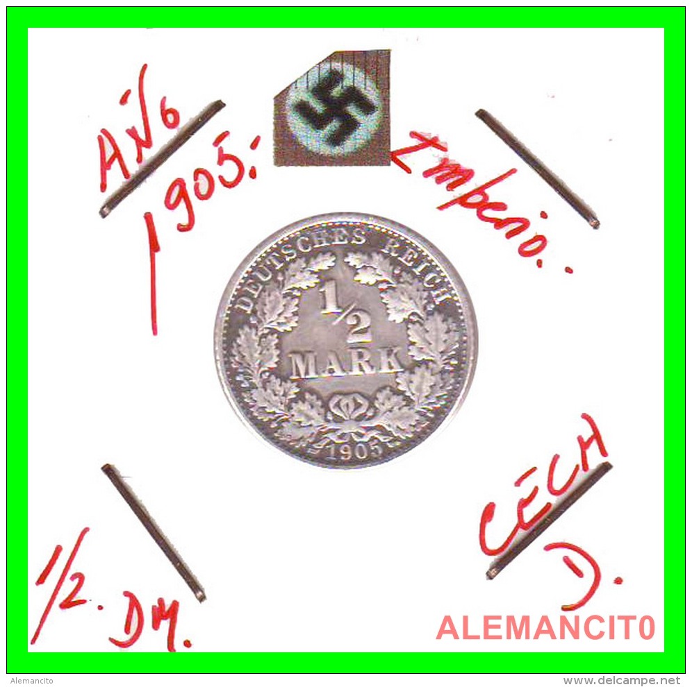 GERMANY  -  IMPERIO - DEUTSCHES REICH - 1/2  MARK  SILVER . AÑO 1905-D  PLATA - 1/2 Mark