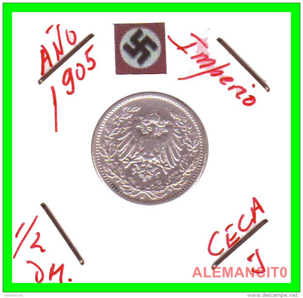 GERMANY  -  IMPERIO - DEUTSCHES REICH - 1/2  MARK  SILVER . AÑO 1905-J  PLATA - 1/2 Mark