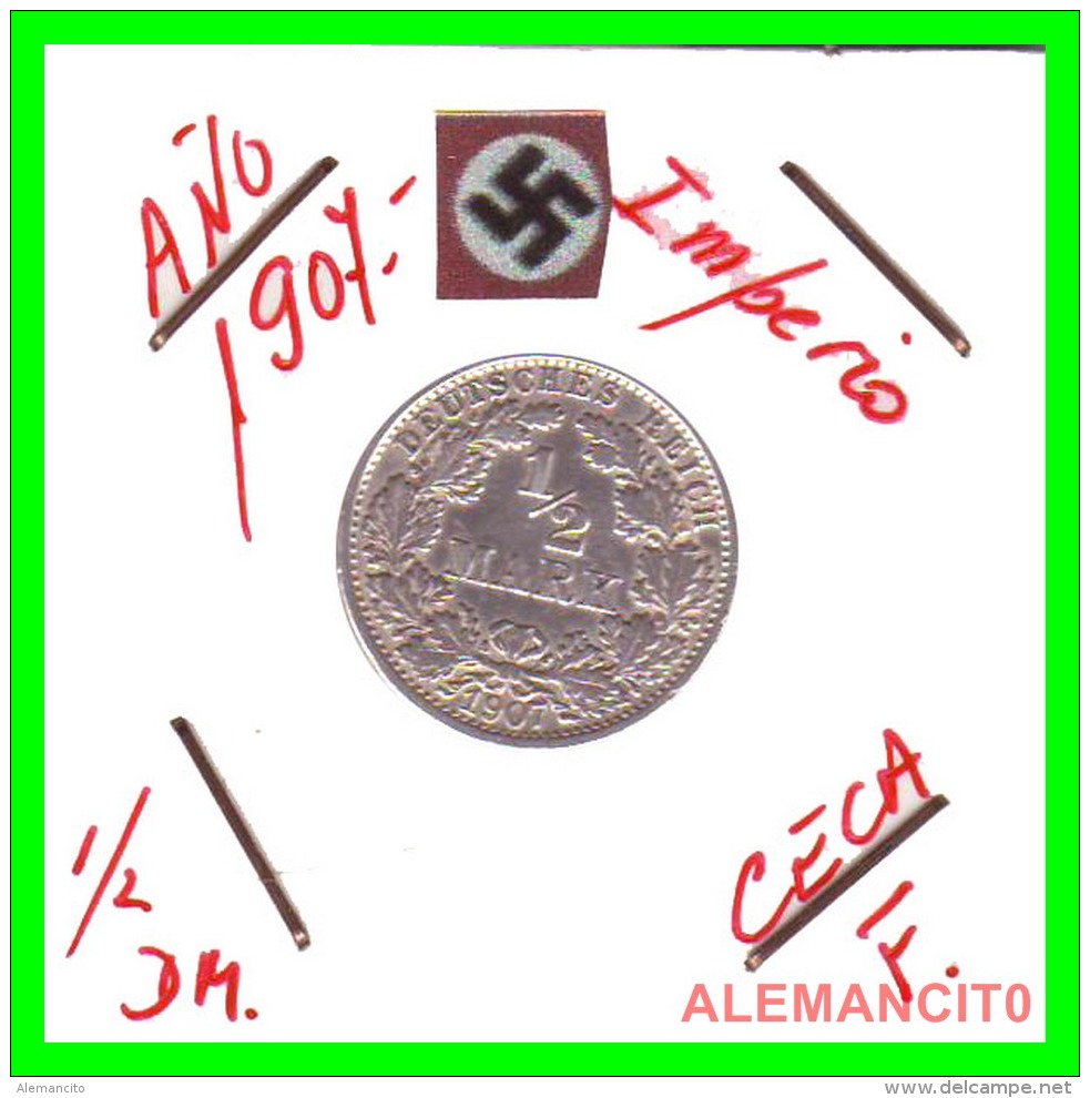 GERMANY  -  IMPERIO - DEUTSCHES REICH - 1/2  MARK  SILVER . AÑO 1907-F  PLATA - 1/2 Mark