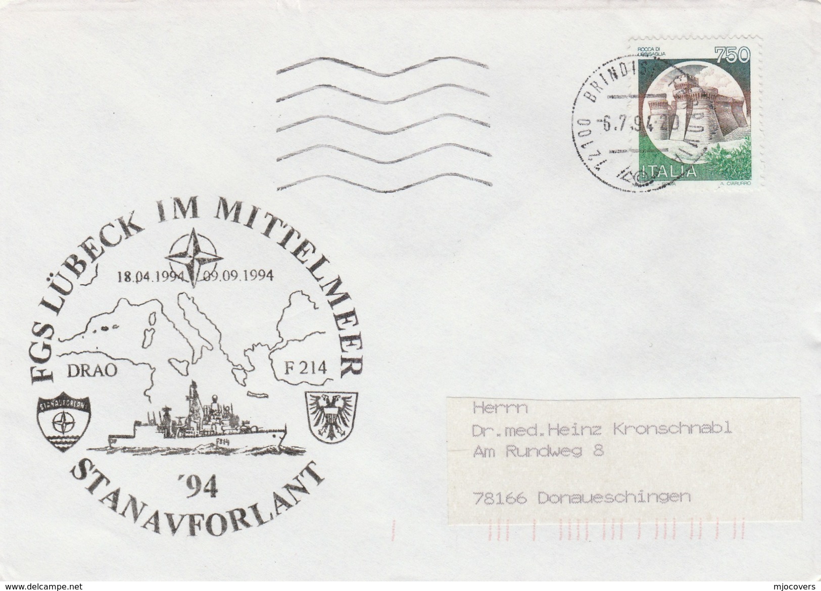 1994 Brindi ITALY NATO SHIP COVER German NAVY In MEDITERRANEAN Ship Lubeck ,stamps - NATO