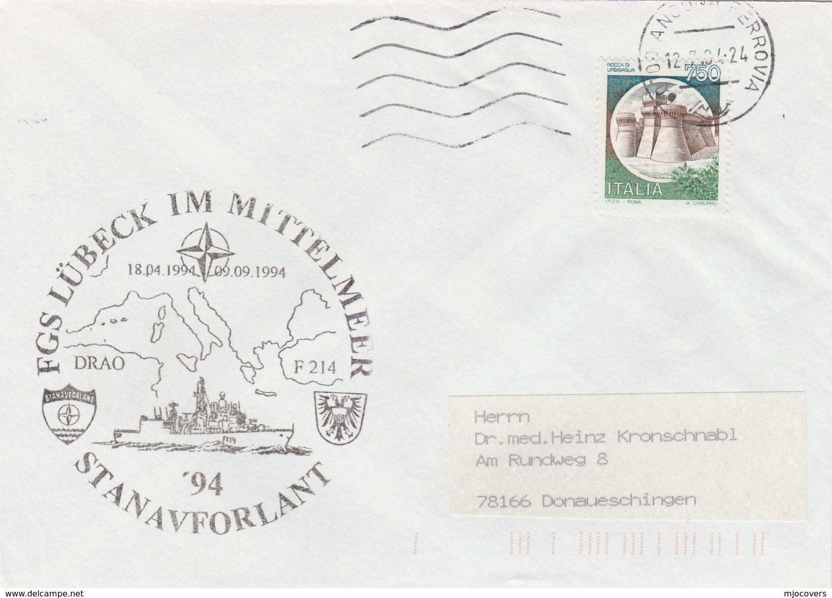 1994 Ancona ITALY NATO SHIP COVER German NAVY In MEDITERRANEAN Ship Lubeck ,stamps - NATO