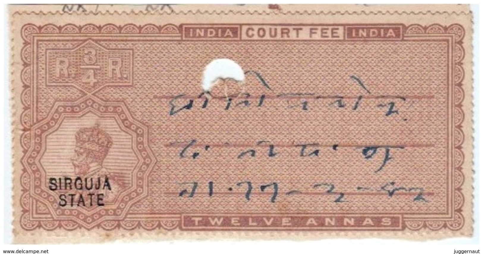 INDIA SURGUJA PRINCELY STATE 12-ANNAS COURT FEE STAMP 1915-47 GOOD/USED - Autres & Non Classés