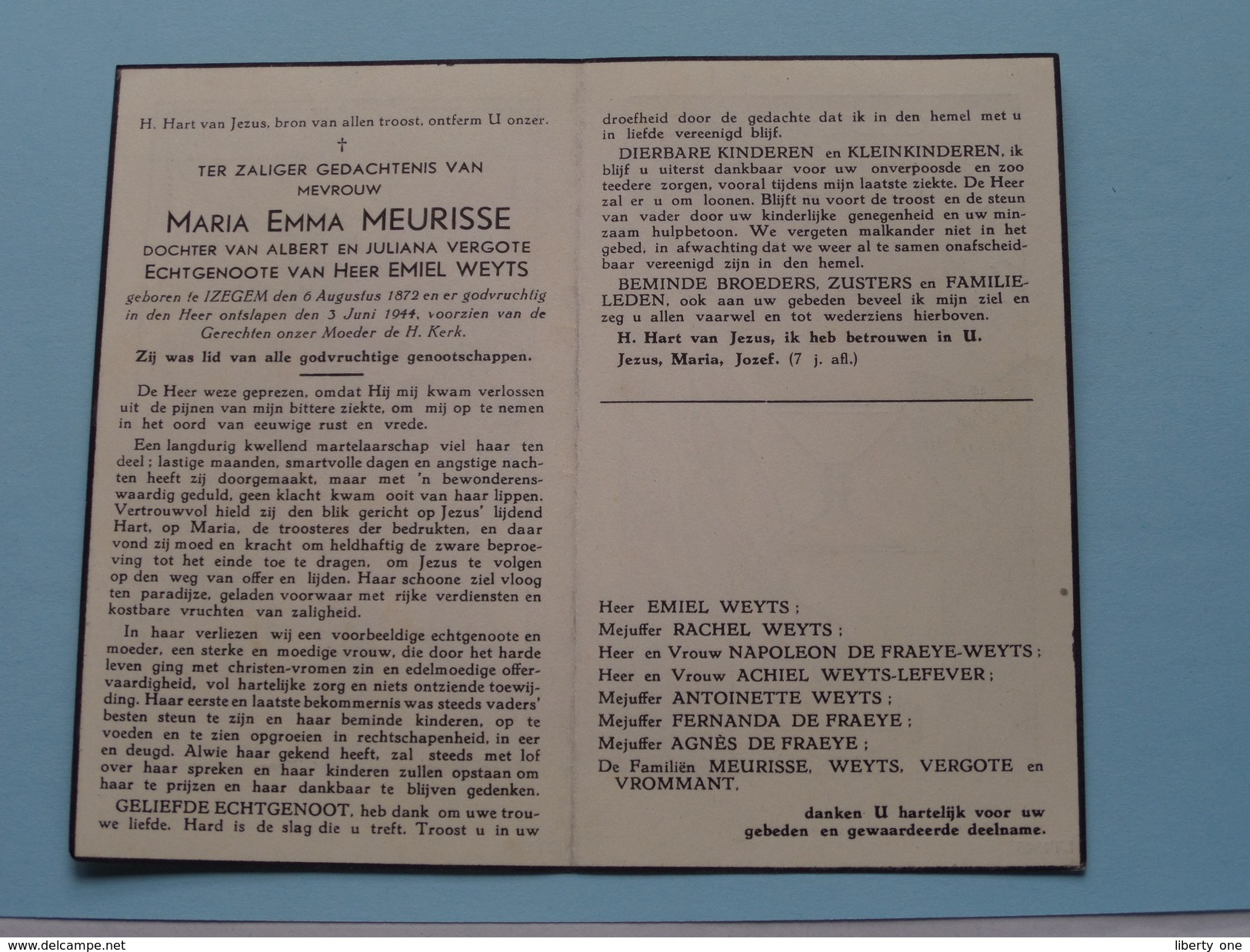 DP Maria Emma MEURISSE ( Vergote ) IZEGEM 6 Augustus 1872 - 3 Juni 1944 ( Zie Foto's ) ! - Avvisi Di Necrologio