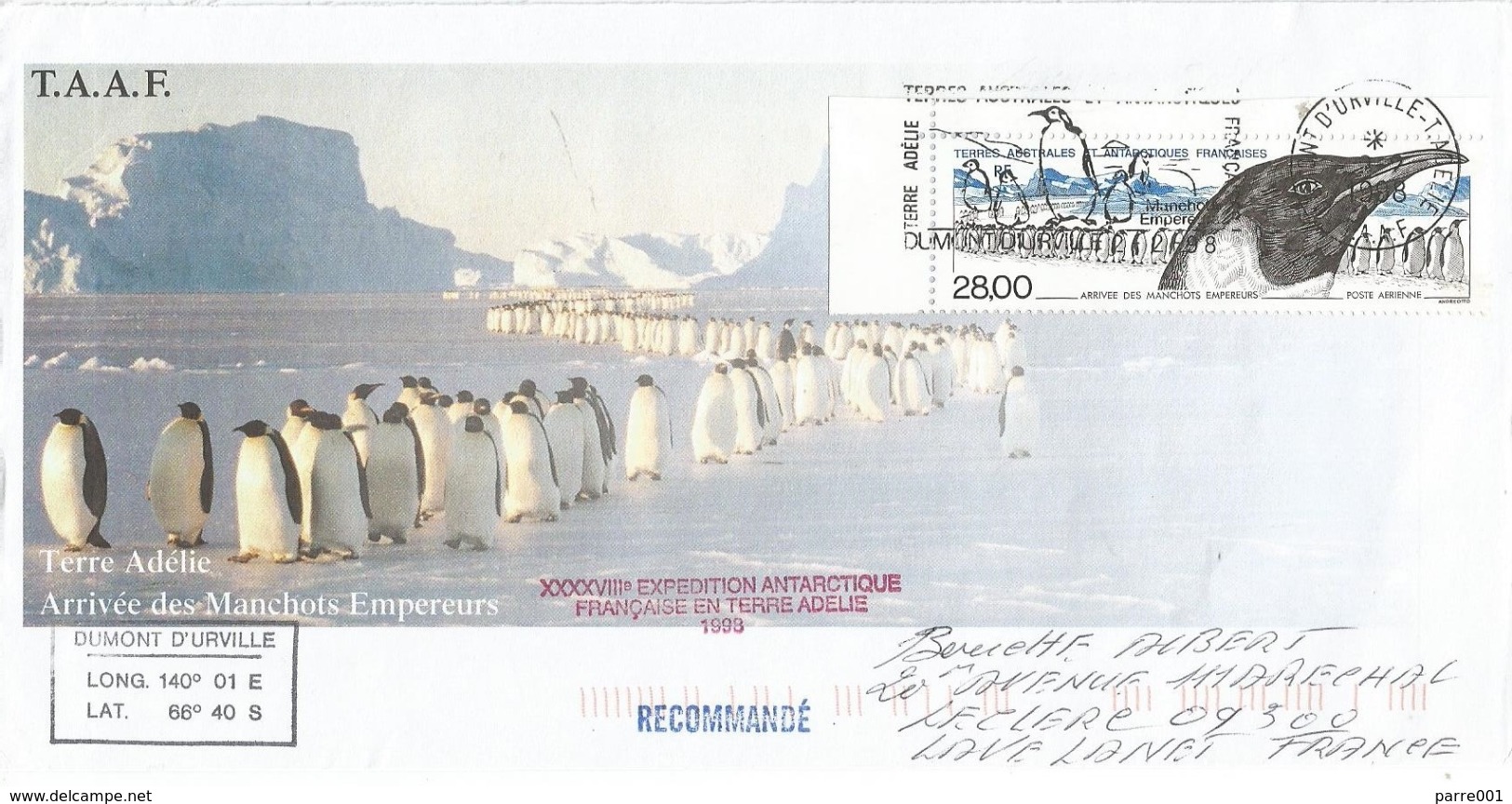 TAAF 1998 Dumont D'Urville Pinguin Expedition Antarctica Cover - Pinguini