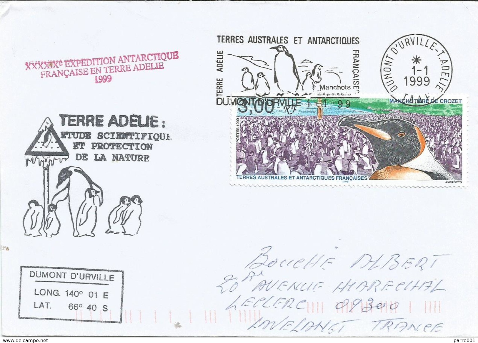 TAAF 1999 Dumont D'Urville Pinguin Expedition Antarctica Cover - Pinguïns & Vetganzen