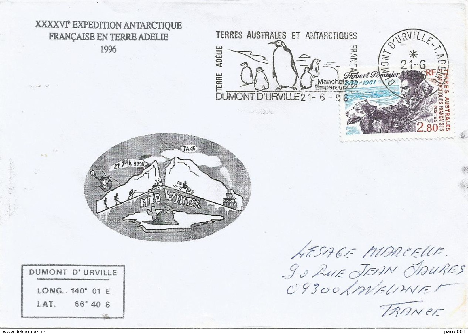 TAAF 1996 Dumont D'Urville Pinguin Husky Dog Expedition Antarctica Cover - Pinguine