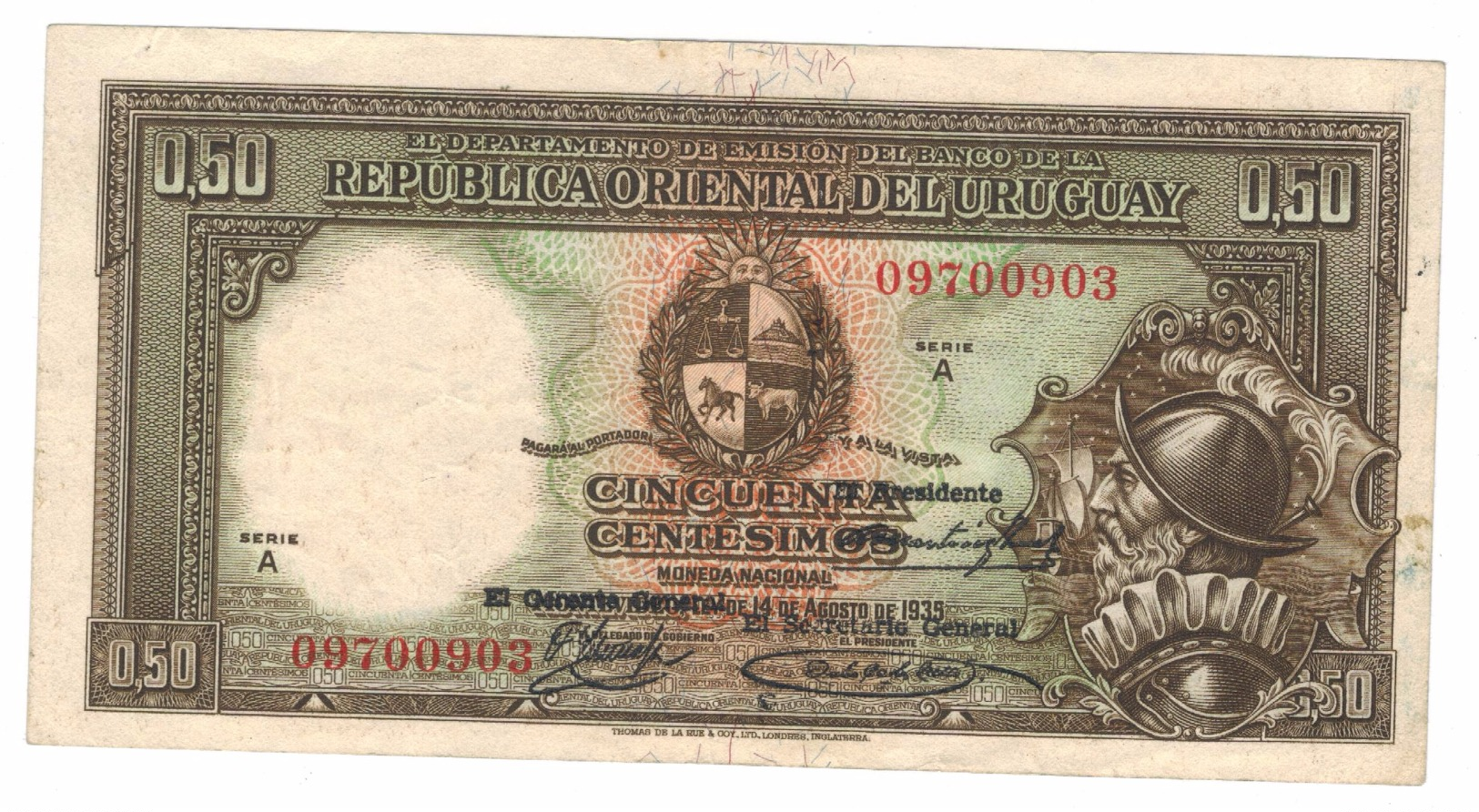 Uruguay, 50 Centesimos, 1935, XF, Rare.   Free Ship. To USA. - Uruguay