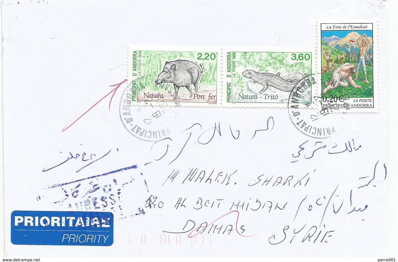 Andorra 2004 Wild Boar Salamander Returned Instructional Handstamp Cover Syria Syrie Syrien - Syrië