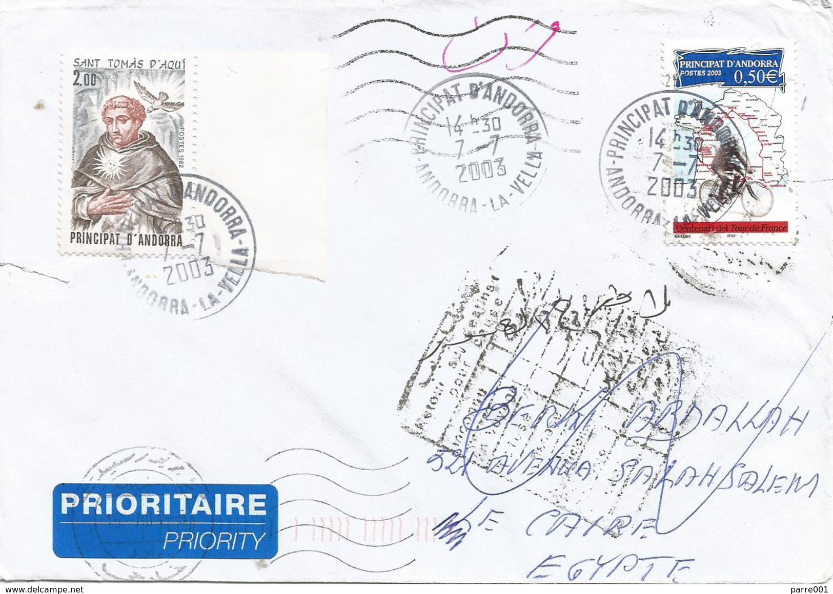 Andorra 2003 Cycling Tour De France Returned Unclaimed Instructional Handstamp Cover Egypt - Brieven En Documenten