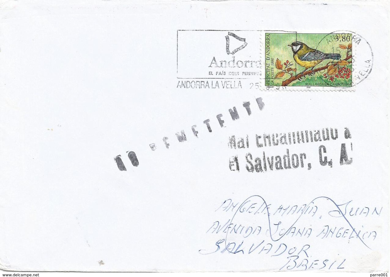 Andorra 1996 Great Tit (Parus Major) Returned Unclaimed Instructional Handstamp Cover Brasil Brazil Via El Salvador - El Salvador