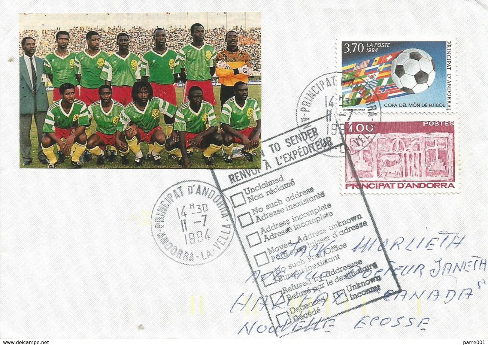 Andorra 1994 World Cup Football Soccer Returned Unclaimed Instructional Handstamp Cover Canada - 1994 – USA
