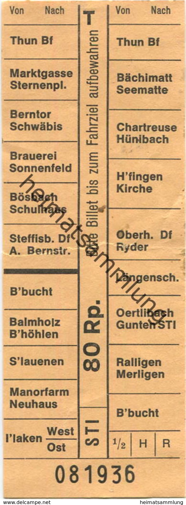 Schweiz - STI - Steffisburg&ndash;Thun&ndash;Interlaken - Fahrschein 80Rp. - Europe