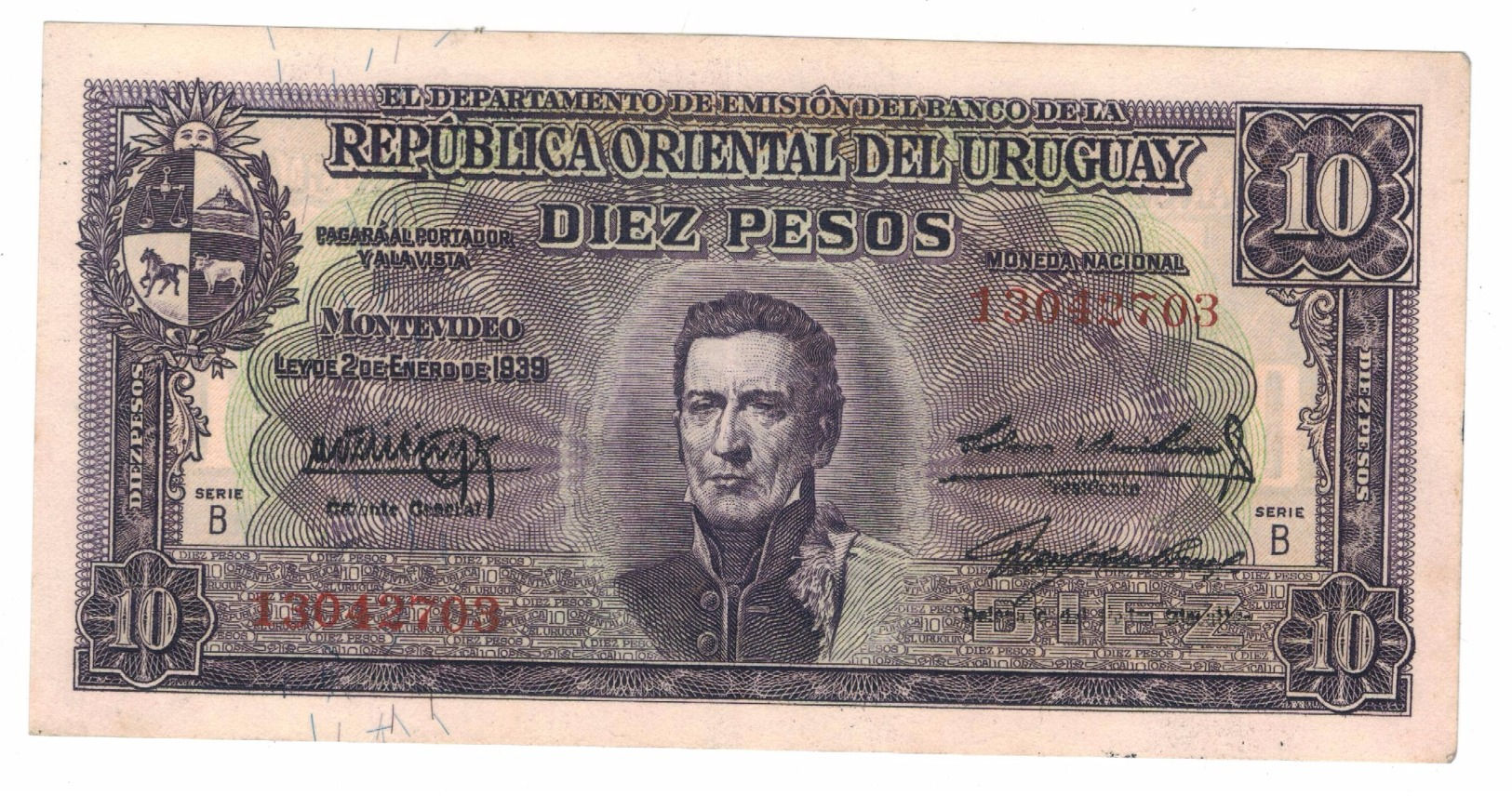 Uruguay, 10 Pesos, 1939, XF. - Uruguay