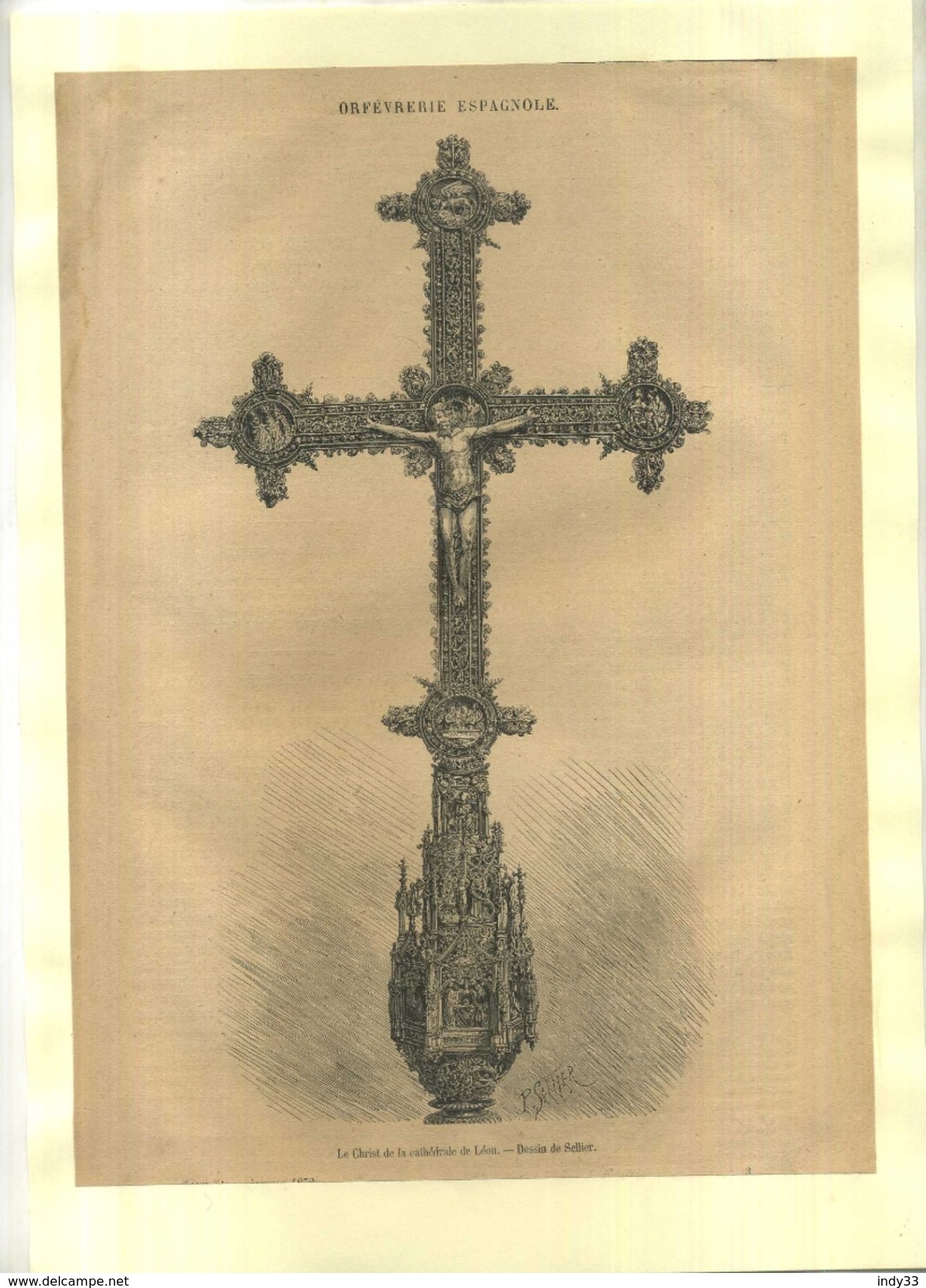 ESPAGNE . LE CHRIST DE LA CATHEDRALE DE LEON . GRAVURE SUR BOIS XIXeS. DECOUPEE ET COLLEE SUR PAPIER . - Religion & Esotericism