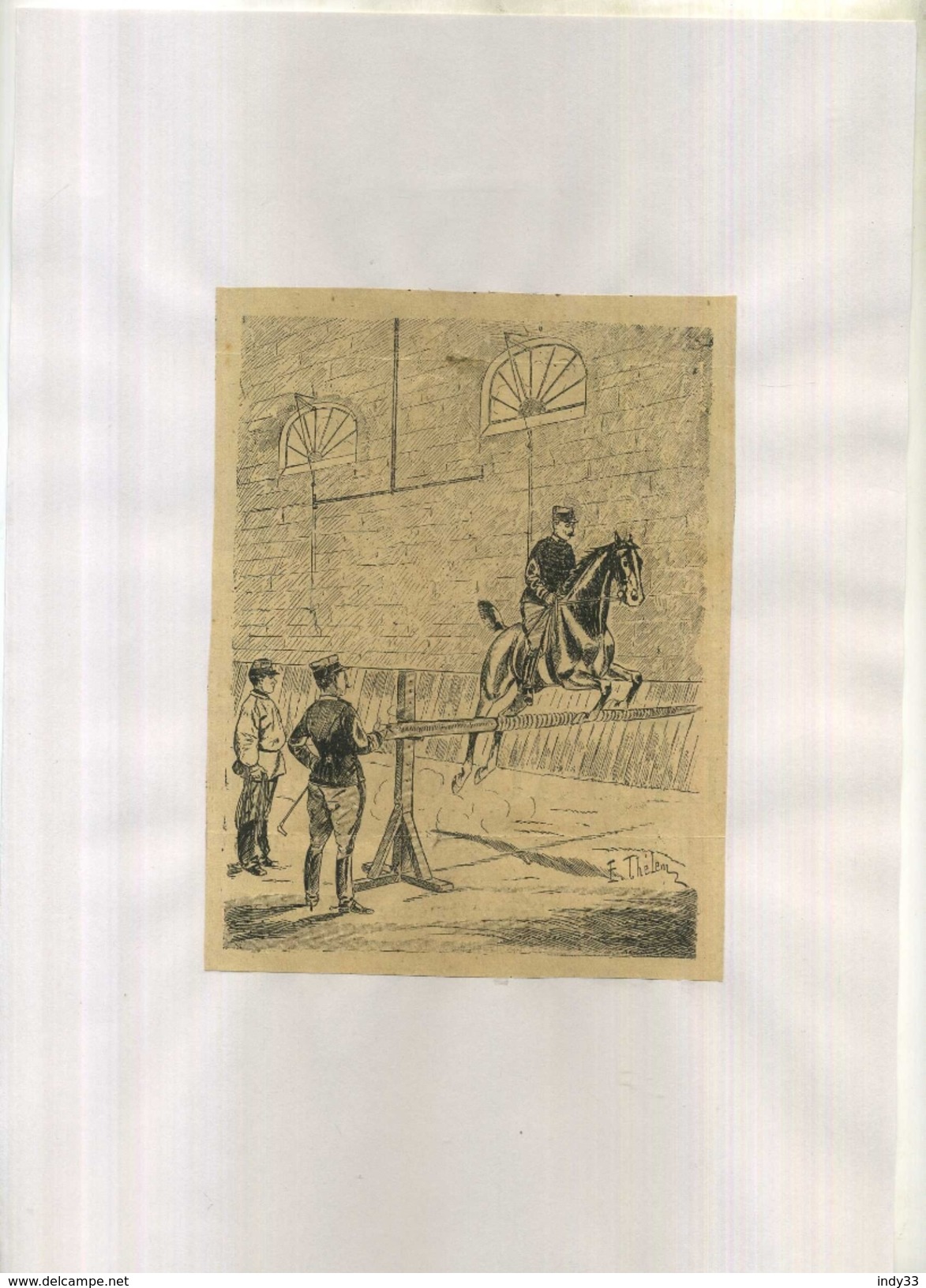 SAUT D'OBSTACLE EN SALLE  . REPRO FIN XIXeS. DEBUT XXe DECOUPEE ET COLLEE SUR PAPIER . - Equitation