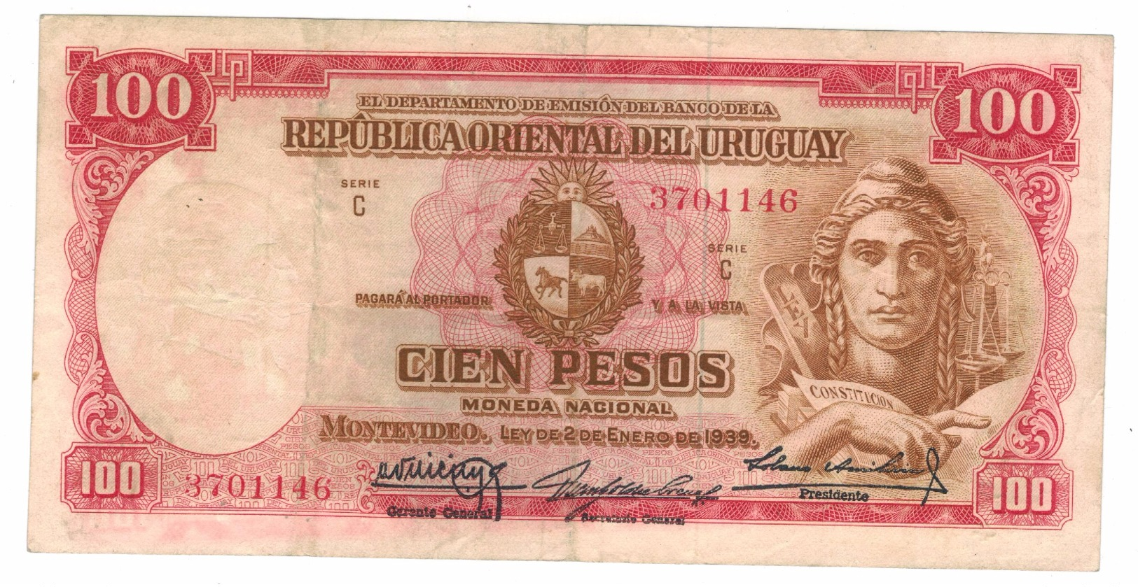 Uruguay, 100 Pesos, 1939, VF.   Free Ship. To USA. - Uruguay