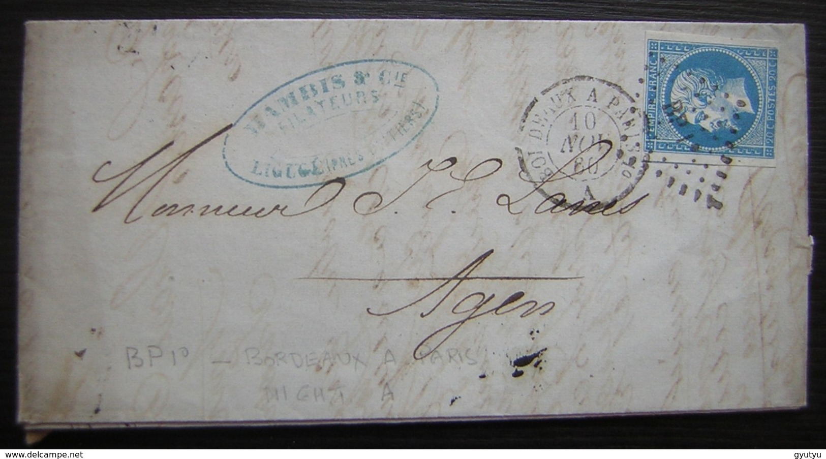 1860 Ligugé  (Vienne) Lettre Hambris Pour Agen, Cachet Bordeaux à Paris - 1849-1876: Période Classique