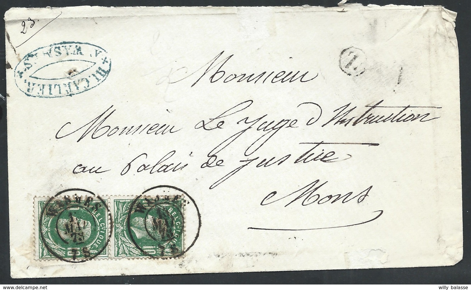 Envel Affr N°30 X2 Dc WASMES/1873 + Boîte Rurale Z Pour Mons - 1869-1883 Léopold II
