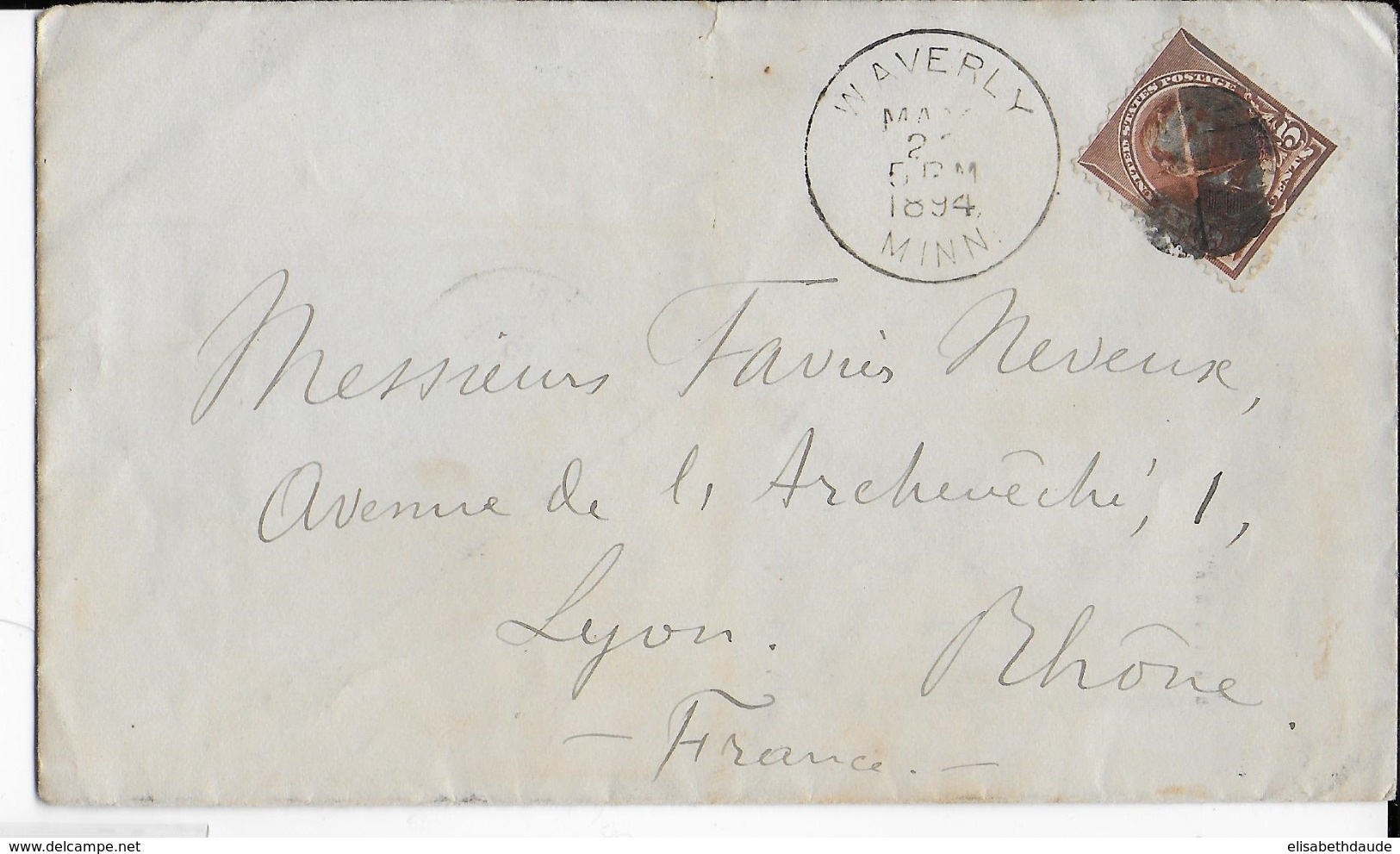 ETATS-UNIS - 1894 - YVERT N°74 SEUL Sur ENVELOPPE De WAVERLY => LYON - Covers & Documents
