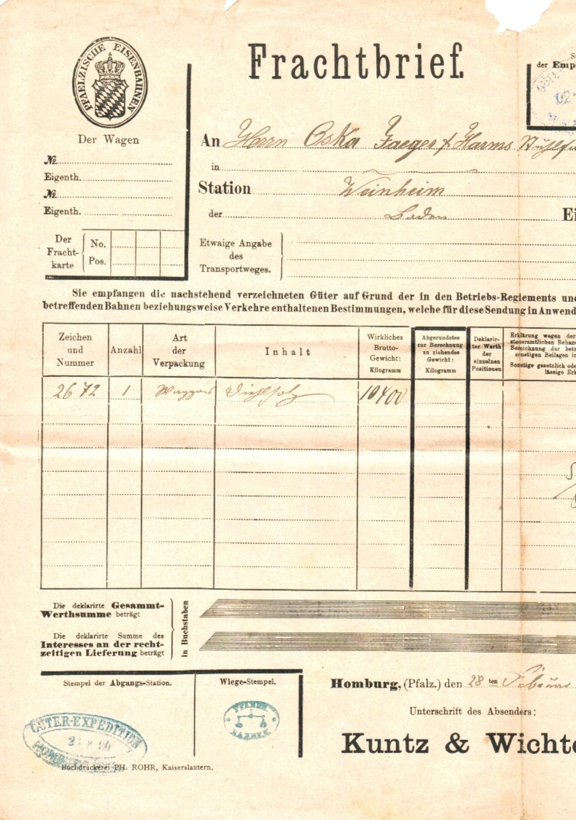 Bayern - Einsenbahn Frachtbrief D. Pfälzischen Einsenbahnen V. Homburg (Pfalz) 1890 - Trains