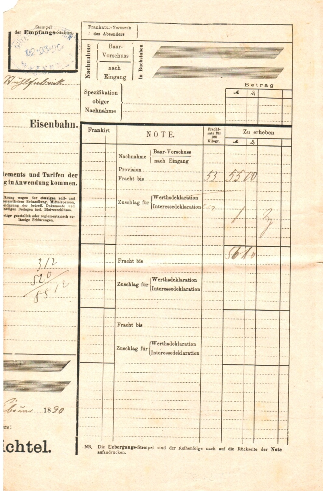 Bayern - Einsenbahn Frachtbrief D. Pfälzischen Einsenbahnen V. Homburg (Pfalz) 1890 - Trains