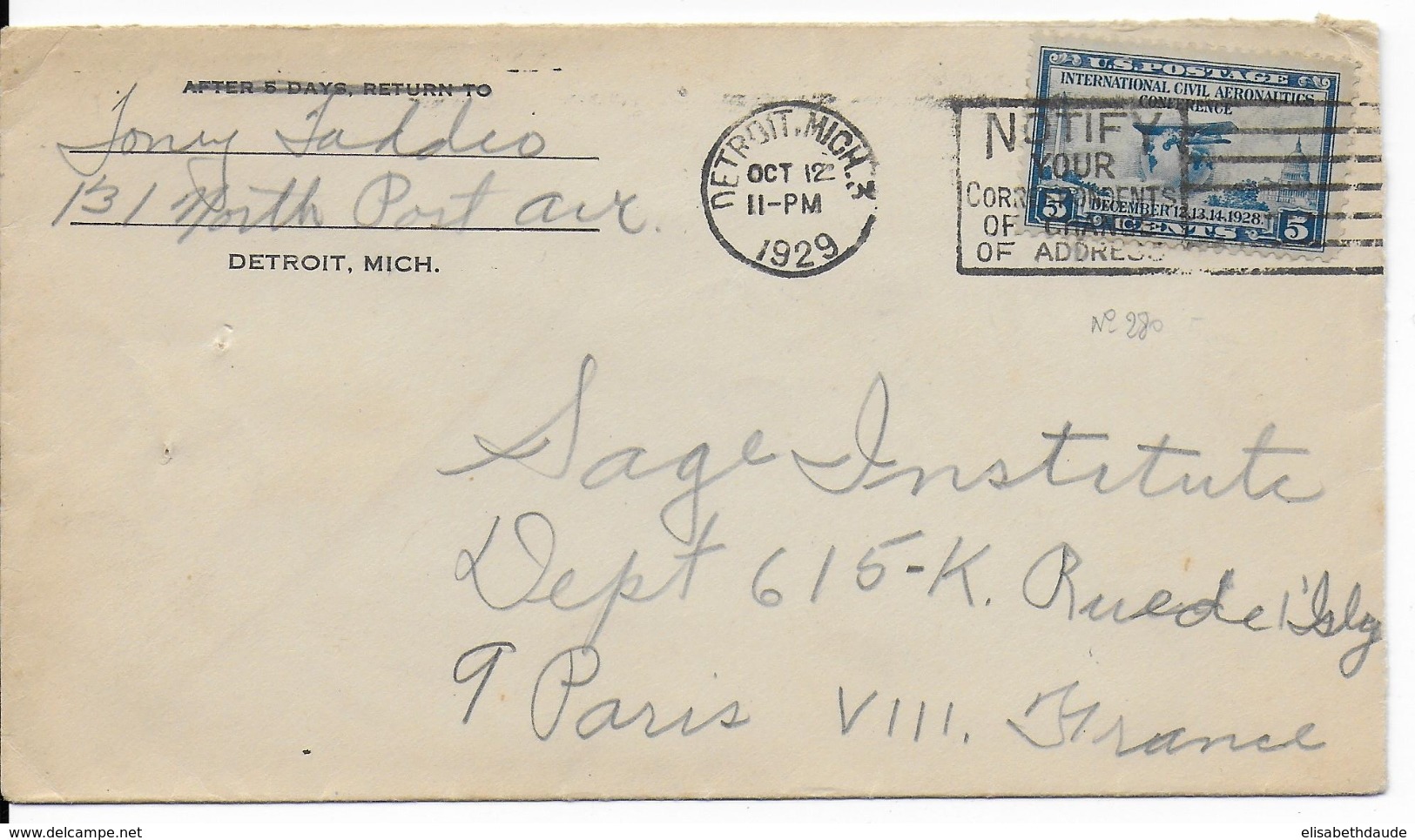 ETATS-UNIS - 1929 - YVERT N°280 SEUL Sur ENVELOPPE De DETROIT => PARIS - Lettres & Documents