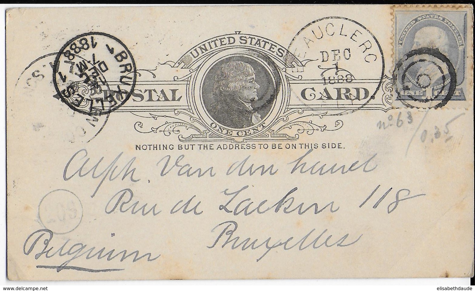 ETATS-UNIS - 1888 - YVERT N°63 Sur CARTE ENTIER POSTAL De BEAUCLERC => BRUXELLES (BELGIQUE) - DESTINATION - Cartas & Documentos