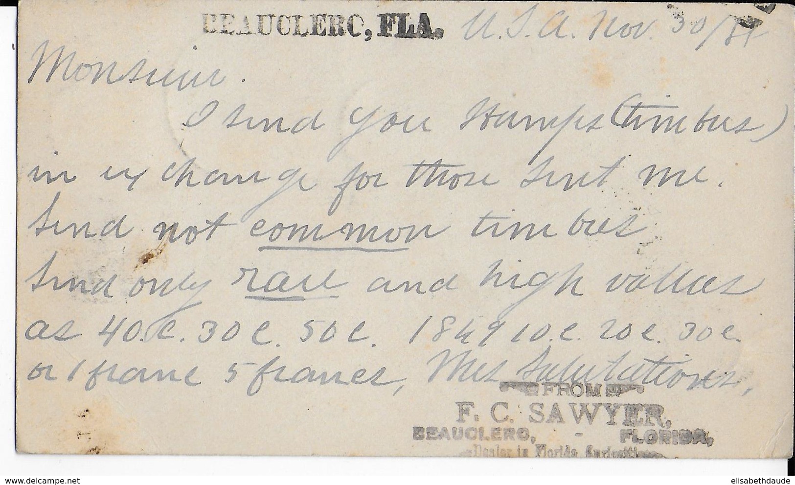 ETATS-UNIS - 1888 - YVERT N°63 Sur CARTE ENTIER POSTAL De BEAUCLERC => BRUXELLES (BELGIQUE) - DESTINATION - Covers & Documents