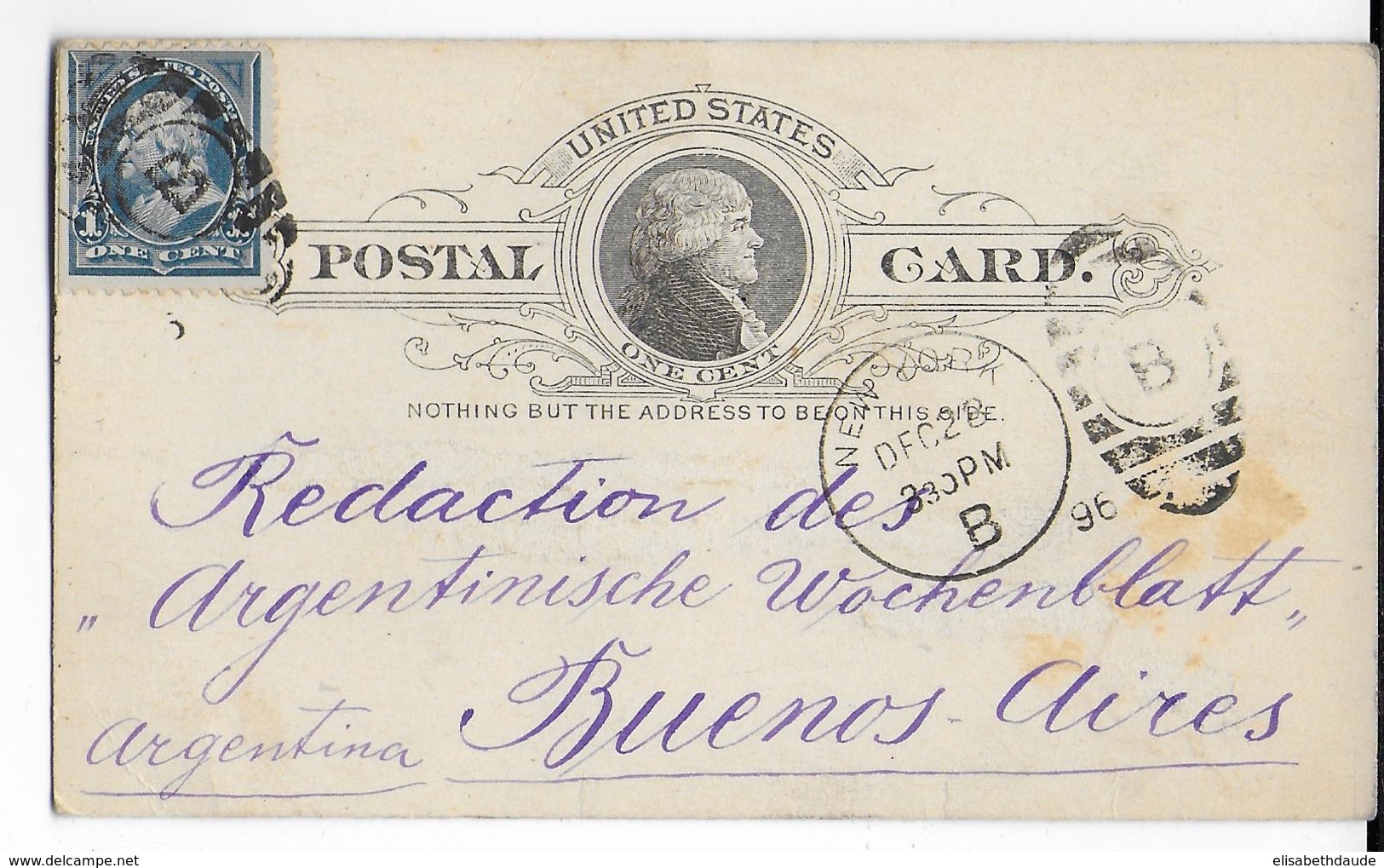 ETATS-UNIS - 1896 - YVERT N°97 Ou 110 Sur CARTE ENTIER POSTAL De NEW-YORK => BUENOS AIRES (ARGENTINE) - DESTINATION - Storia Postale