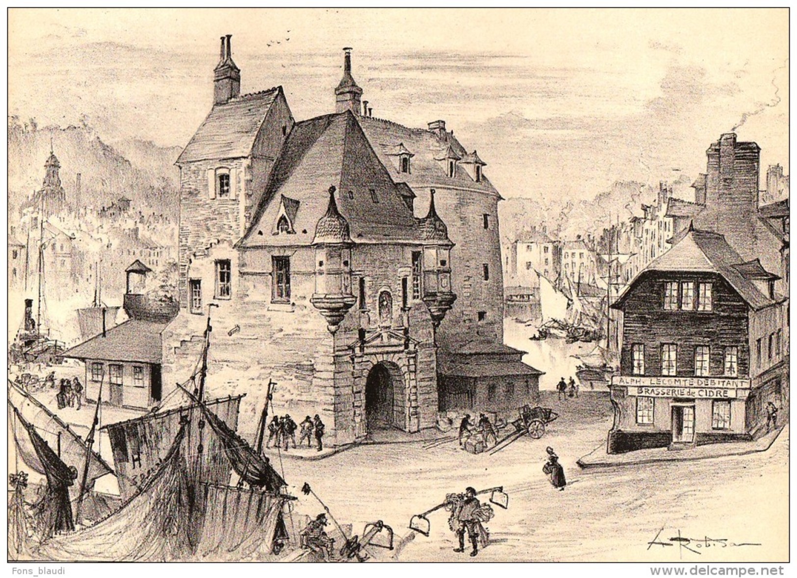 Albert ROBIDA Lithographie Originale : La Lieutenance à Honfleur 1891 - Lithographies