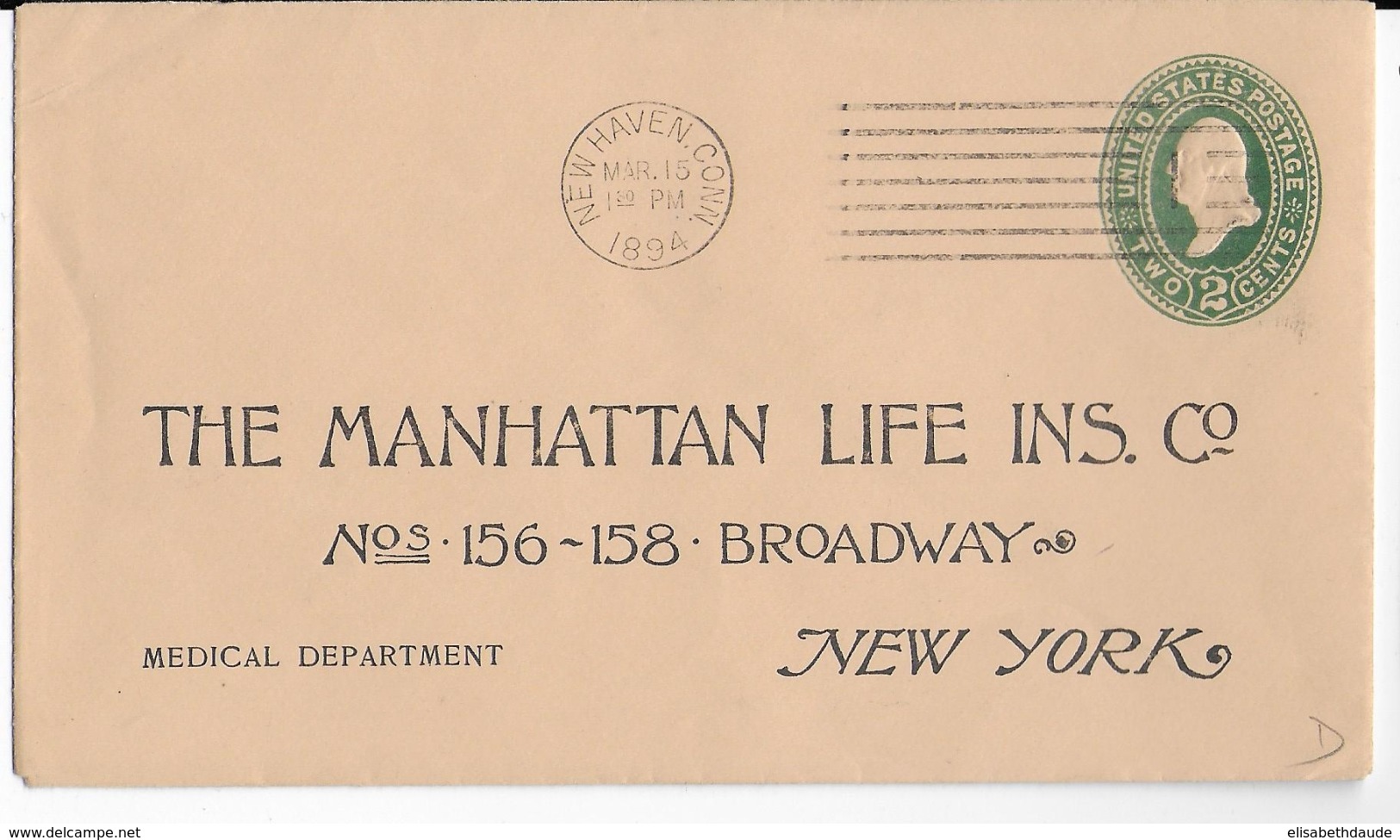 ETATS-UNIS - 1894 - ENVELOPPE ENTIER POSTAL Avec REPIQUAGE De NEW HAVEN => NEW-YORK - ...-1900