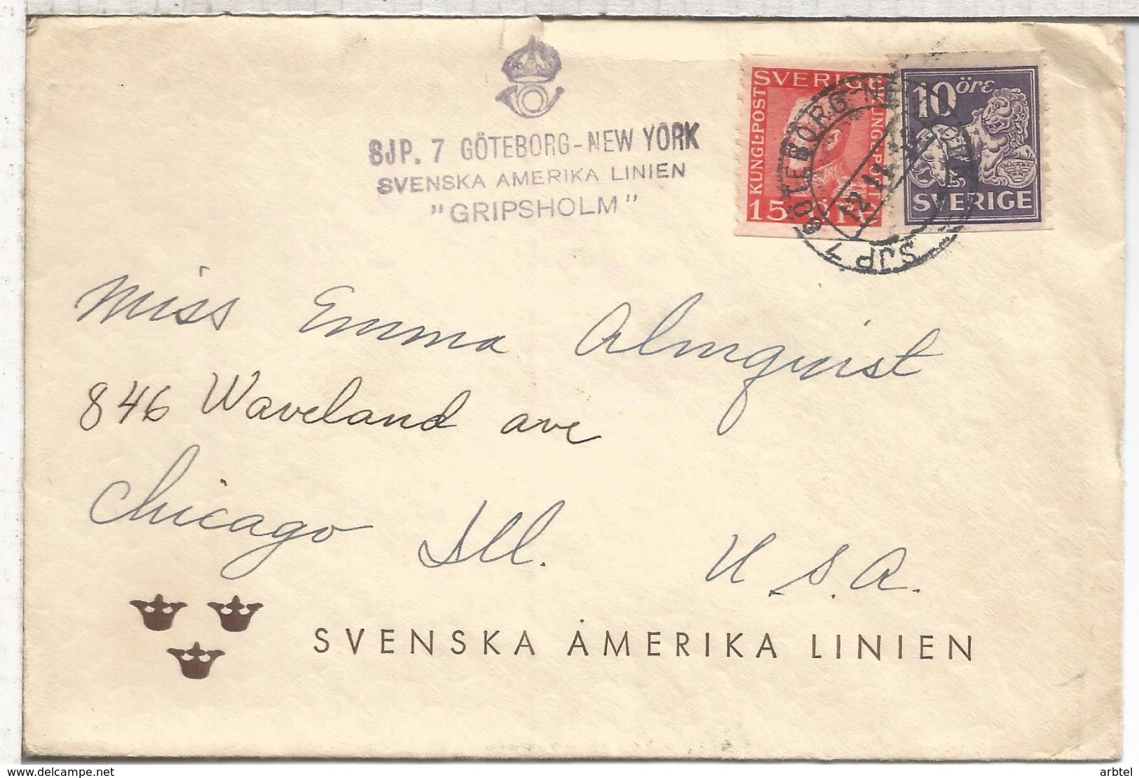 SUECIA CC PAQUEBOT MARCA BUQUE GRIPSHOLM LINEA GOTEBORG NEW YORK - 1920-1936 Franqueo I