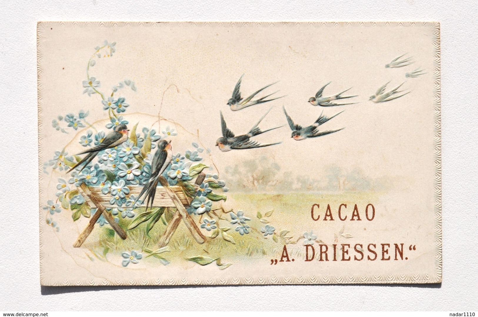 Ancienne Carte Pub CACAO DRIESSEN - Fabrique De Chocolats, Usines à Vapeur, Rotterdam / Motif Hirondelles En Relief - Chocolat