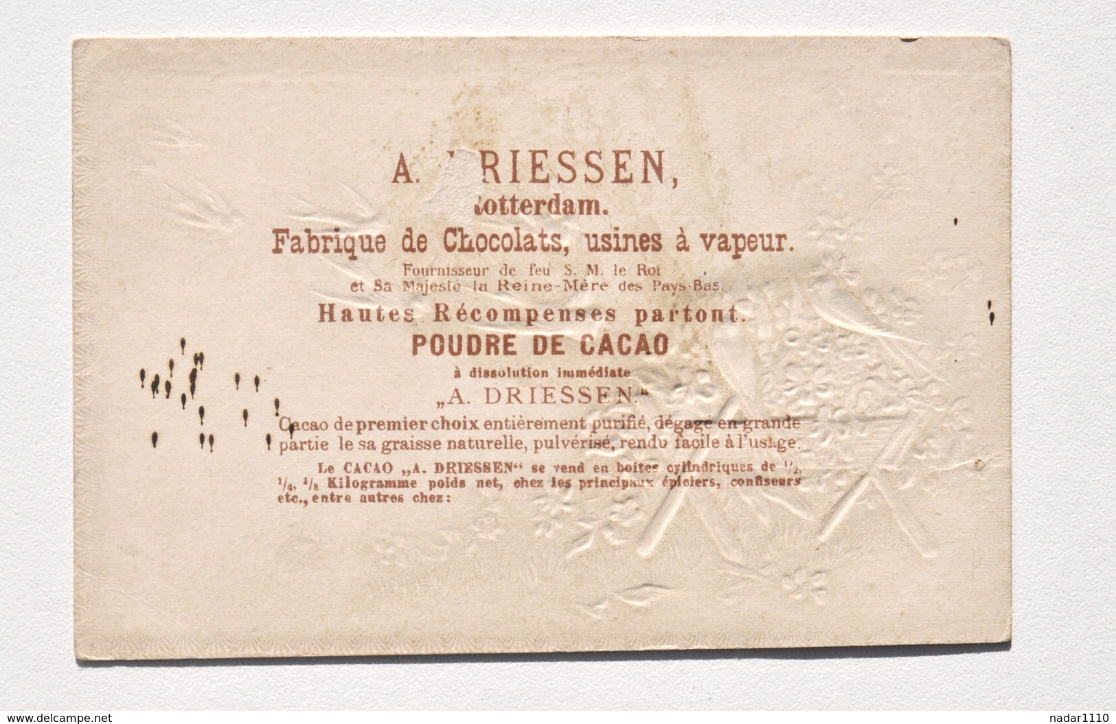 Ancienne Carte Pub CACAO DRIESSEN - Fabrique De Chocolats, Usines à Vapeur, Rotterdam / Motif Hirondelles En Relief - Chocolat