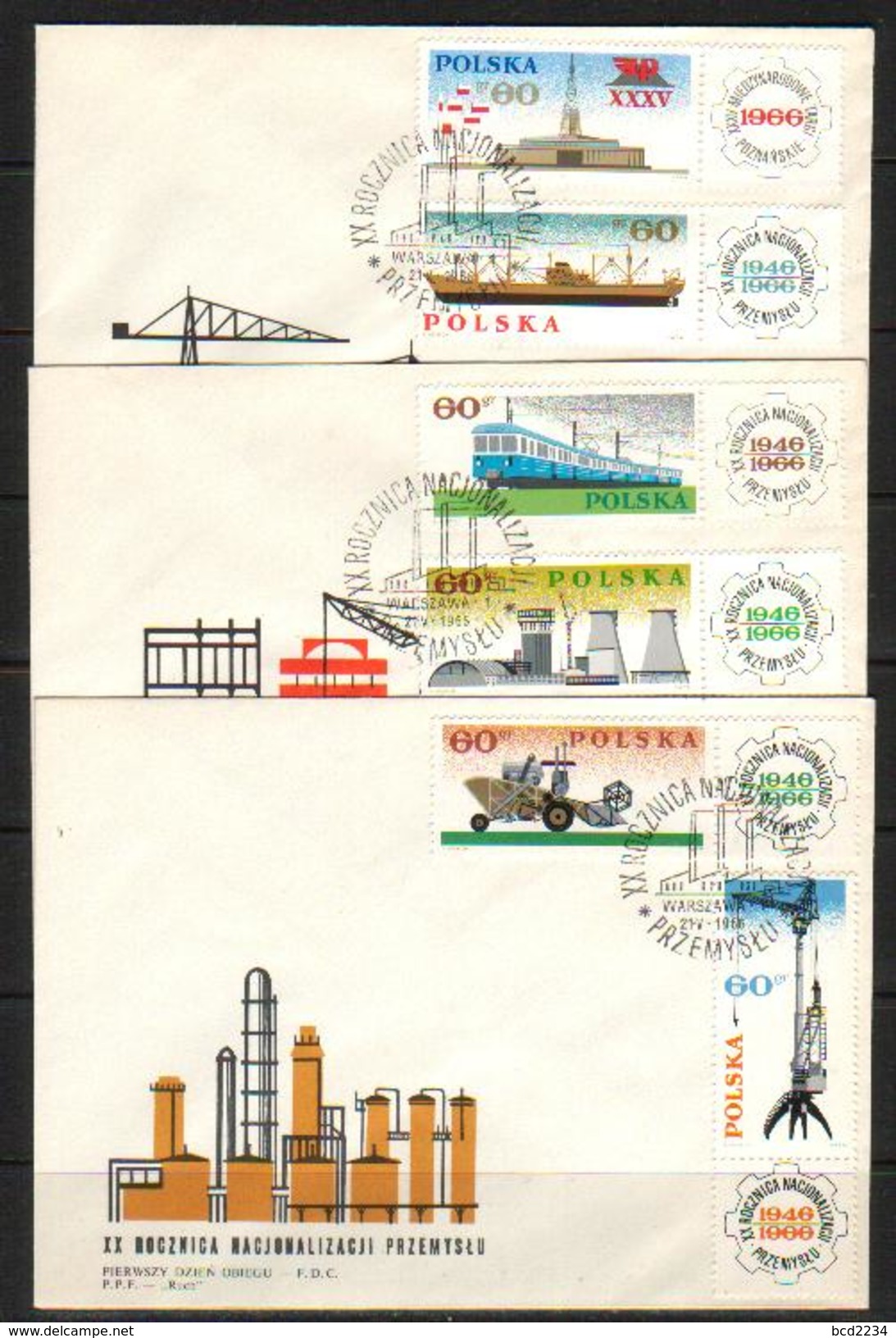 POLAND FDC 1966 20TH ANNIV INDUSTRY NATIONALISATION Ships Tanker Trains Railways Power Station Flags Farm Harvester Food - Schiffe