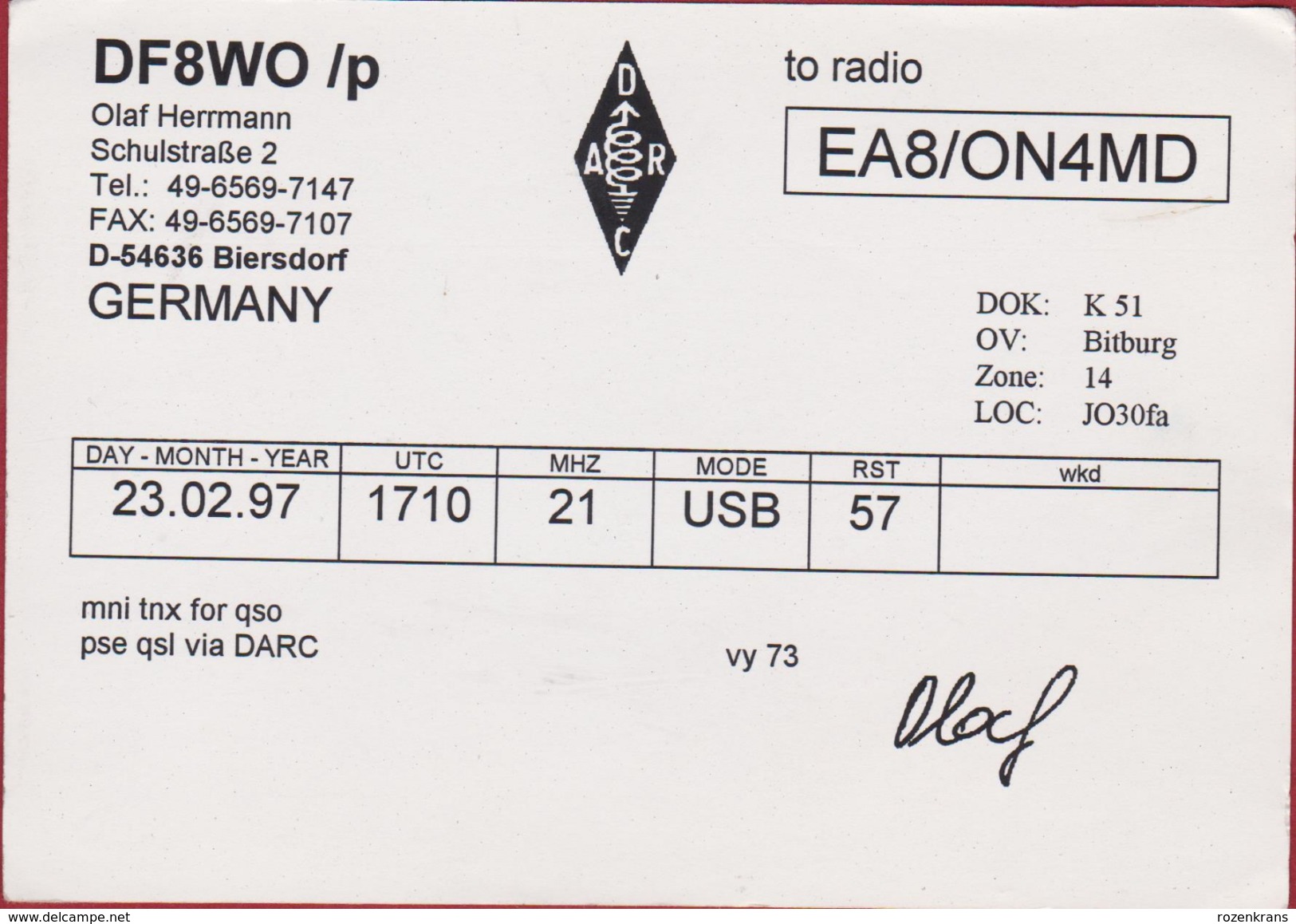 QSL Card Amateur Radio Station Biersdorf Germany Duivel Diable Devil Teufel Diablo Diavolo QTH Illustrator Illustrateur - Radio Amateur