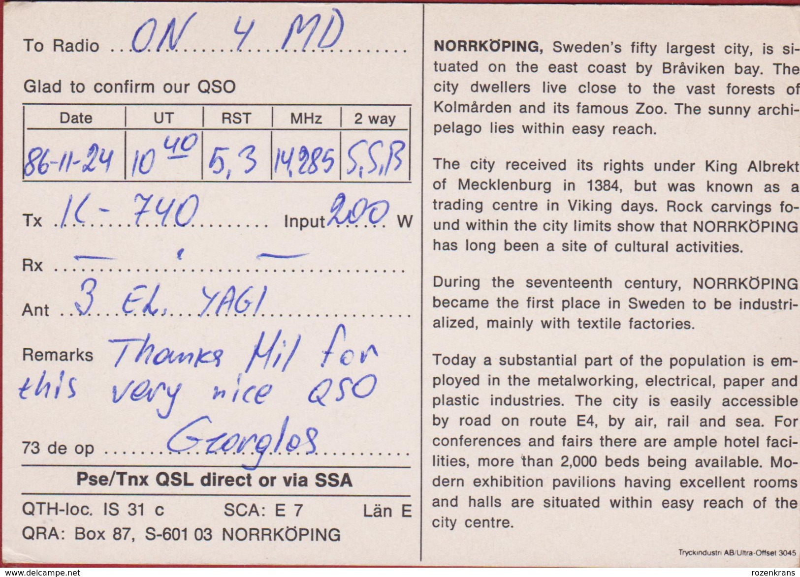 QSL Card Amateur Radio Station Sweden Sverige Zweden Suède Schweden Norrkoping Radioklubb 1984 - Amateurfunk