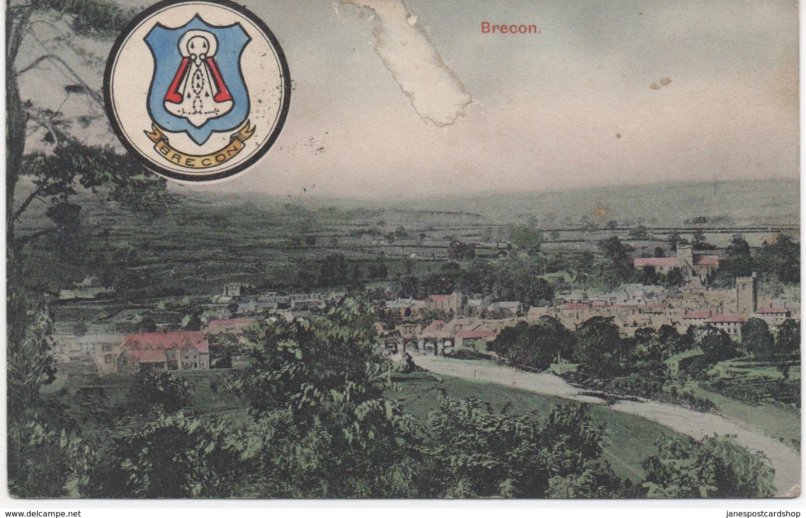 BRECON - GENERAL VIEW - WITH BRECON ARMS - WALES - 1913 - LOCAL PUBLISHER - DAMAGE TO SKY - Breconshire