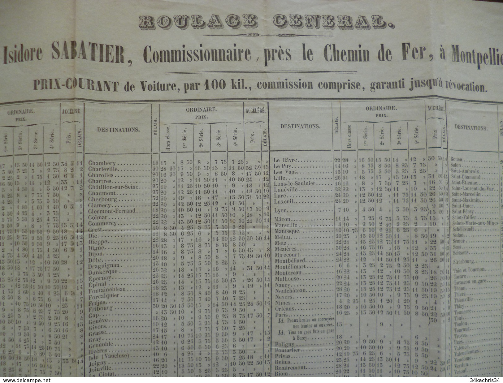 Tarif Grand Format A3 Roulage Général Montpellier I. Sabatier 15/01/1856 - Verkehr & Transport