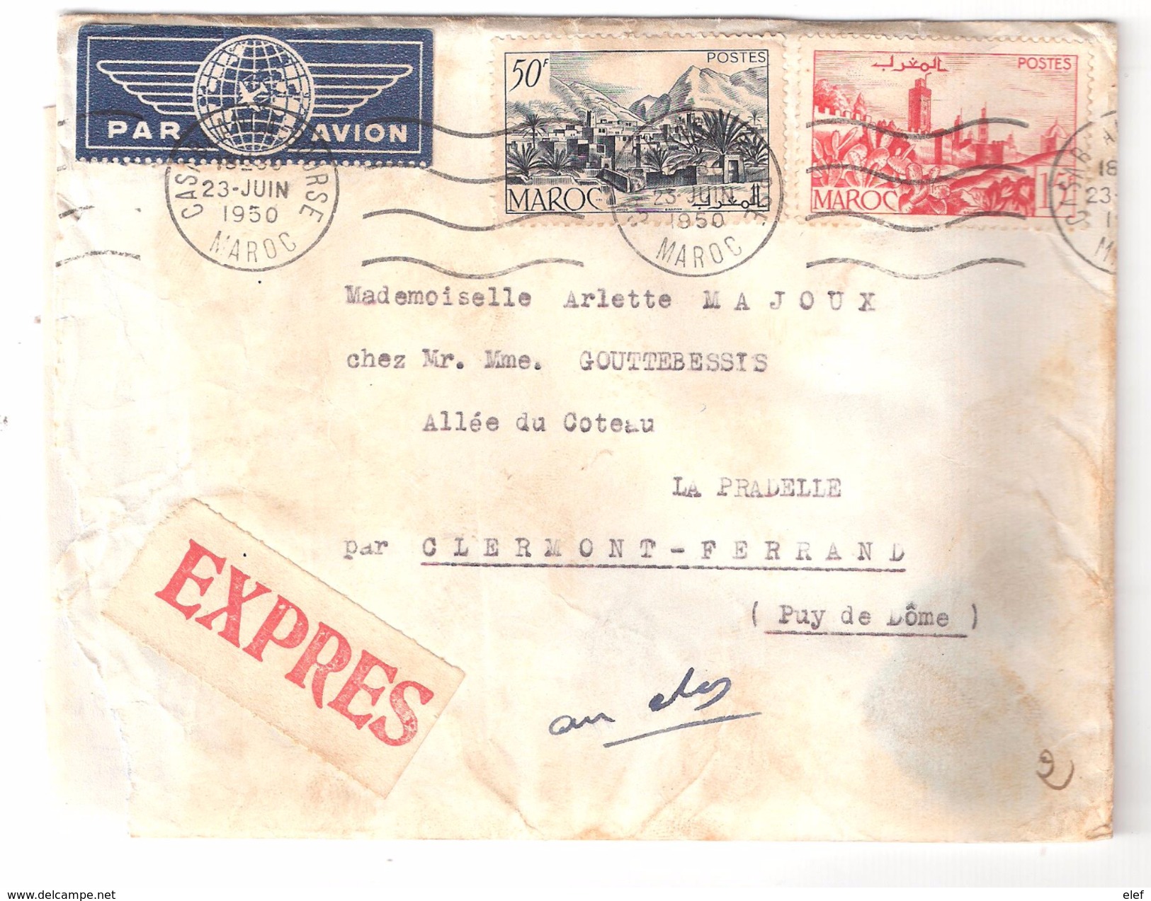 Lettre CASABLANCA BOURSE Par Avion EXPRES , Yvert N° 262 A + 293 , Mention Facteur Absent > LA PRADELLE Puy De Dôme 1950 - Lettres & Documents